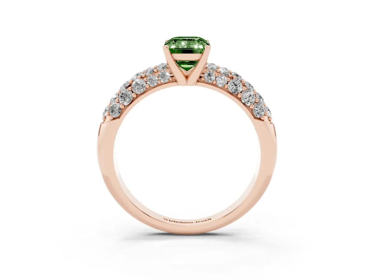 Fancy Green Emerald Cut Diamond Pavé Band Solitaire Ring with Four-Prong Setting Rose gold