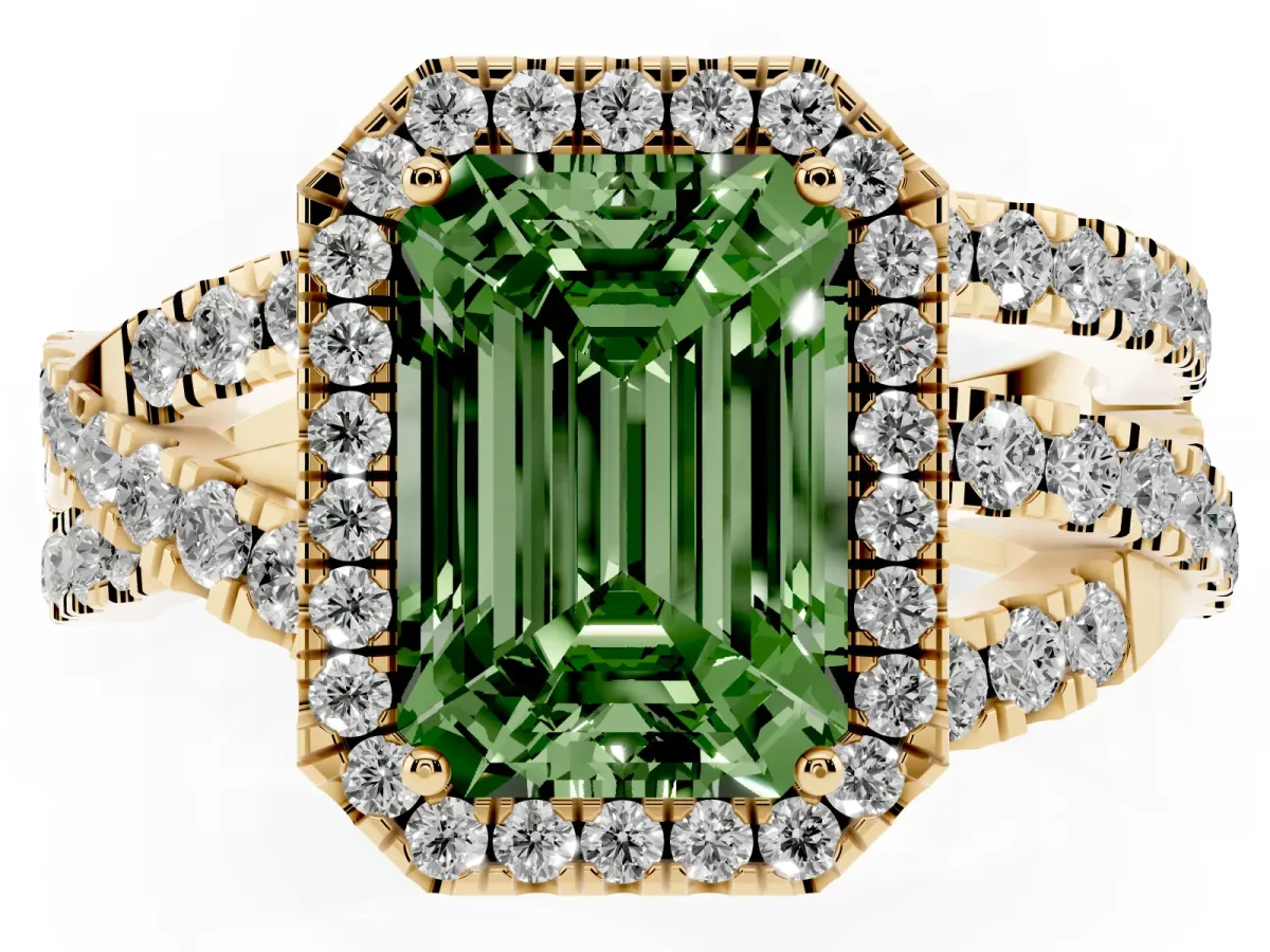 Fancy Green Emerald Cut Diamond Halo Ring with Round Split Shank and Prong Setting Yellow gold