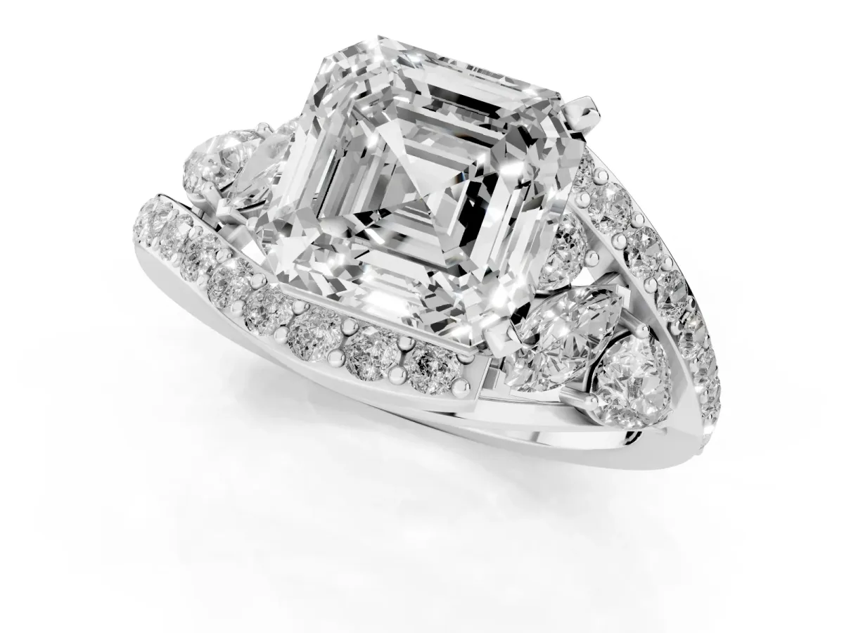 Asscher Cut Diamond Halo Ring with Marquise and Pavé Band in Prong Setting Platinum