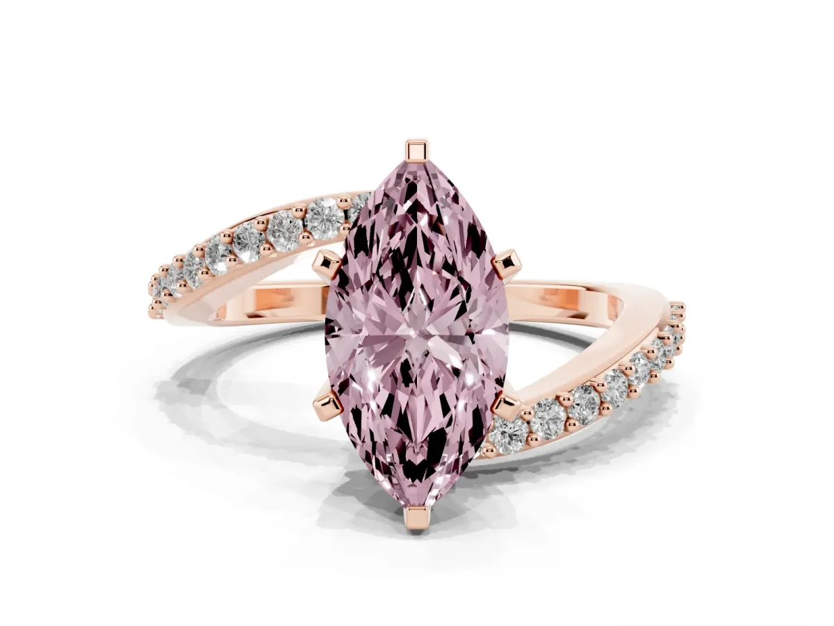 Fancy Pink Marquise Cut Solitaire Twist Band with Pave Set Diamonds and Four-Prong Setting Rose gold