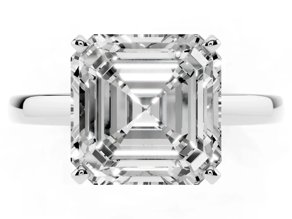 Asscher Cut Solitaire Diamond Engagement Ring with Four-Prong Setting on a Classic Band Silver