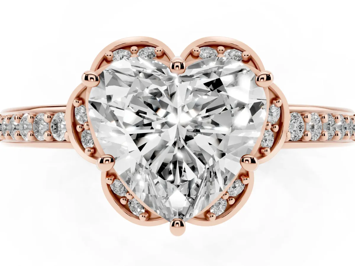 Heart Cut Cut Halo Diamond Ring with Channel Set Band and Four-Prong Setting Rose gold