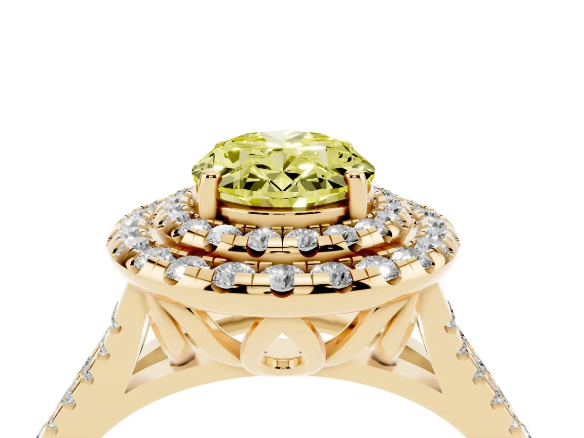 Fancy Yellow Double Halo Oval Cut Diamond Pavé Split Shank Ring with Prong Setting Yellow gold