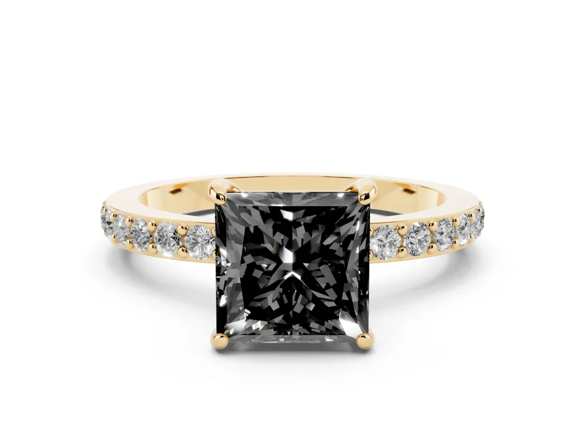 Fancy Black Princess Cut Diamond Solitaire Engagement Ring with Pavé Band and Four-Prong Setting Yellow gold