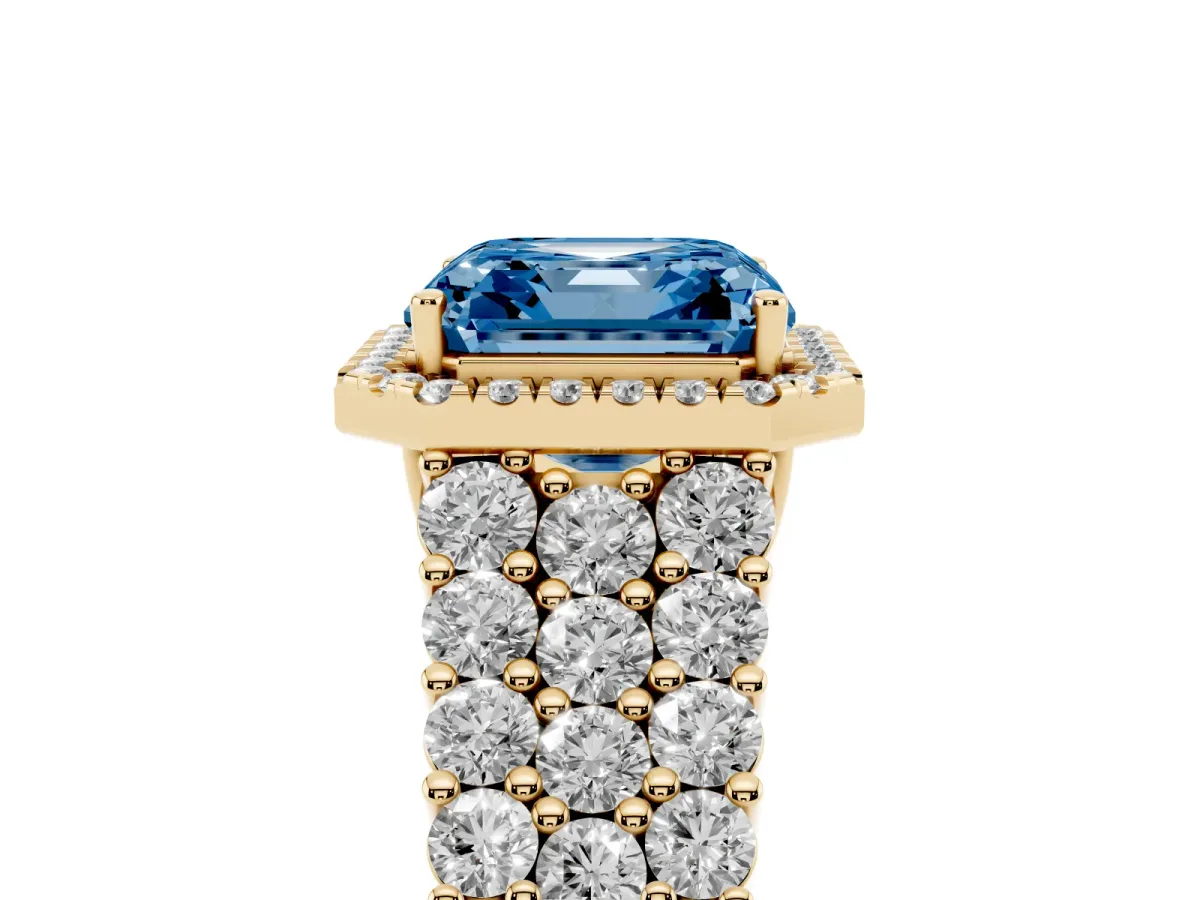 Fancy Blue Asscher Cut Diamond Halo Engagement Ring with Triple Row Round Pavé Band and Prong Setting Yellow gold