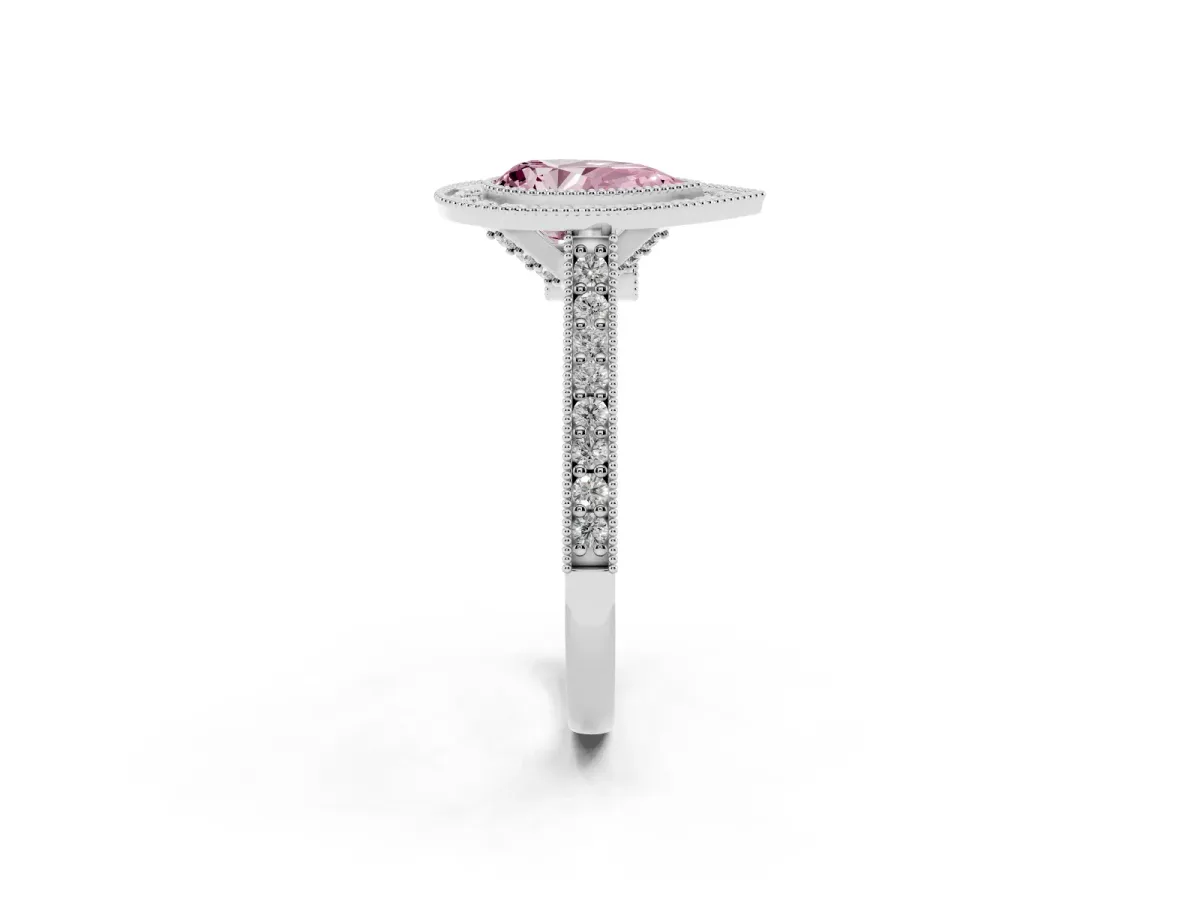 Fancy Pink Halo Pear Cut-Cut Diamond Pave Band Milgrain Prong Setting Ring Silver