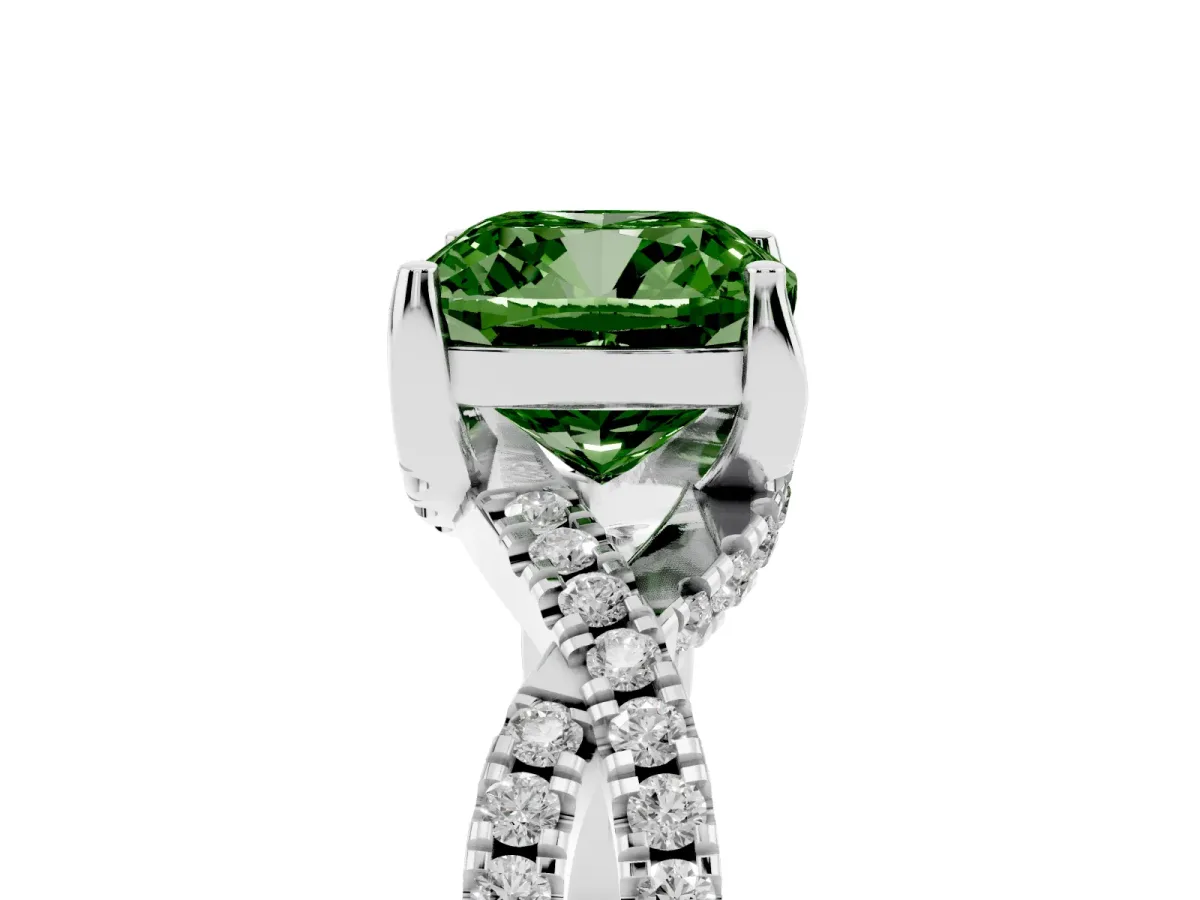 Fancy Green Cushion Cut Solitaire Twist Pave Diamond Engagement Ring with Prong Setting Silver