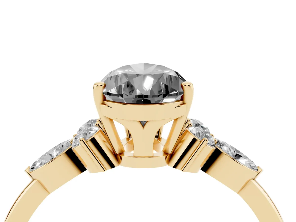 Fancy Black Pear Cut Brilliant Diamond Solitaire Ring with Pear Side Stones and Four-Prong Setting Yellow gold