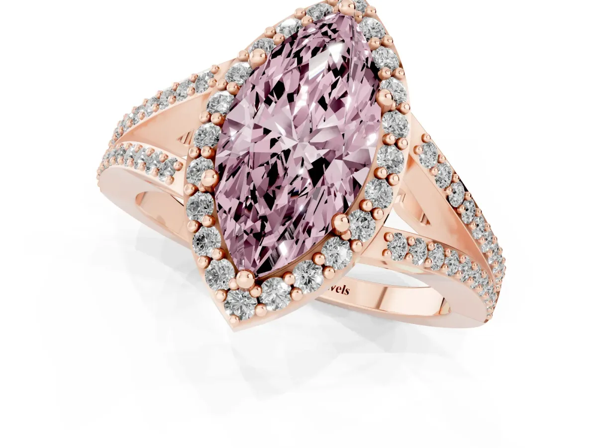 Fancy Pink Marquise Cut Halo Split Shank Diamond Ring with Prong Setting Rose gold