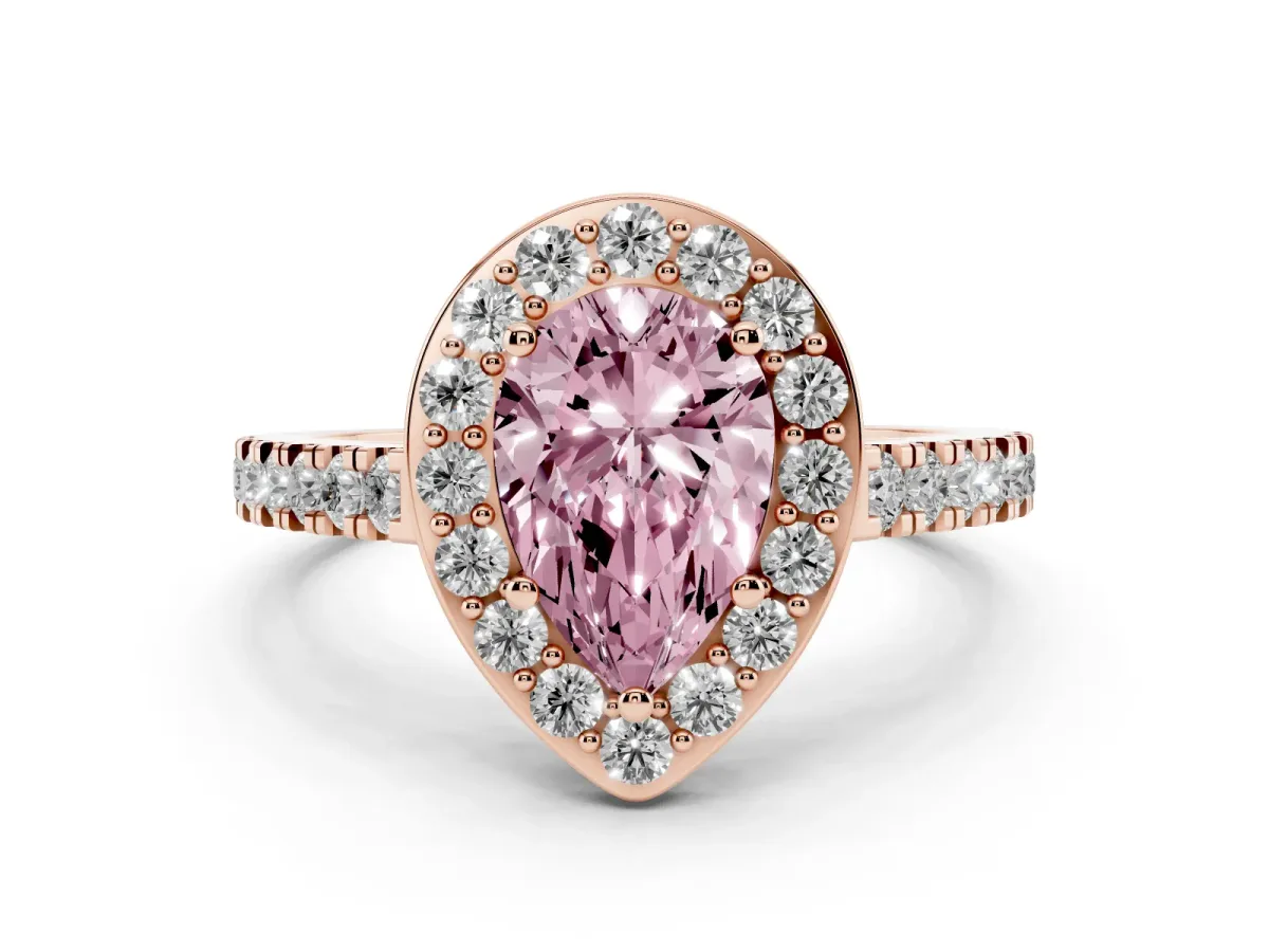 Fancy Pink Pear Cut Diamond Halo Ring with Round Pavé Split Shank and Prong Setting Rose gold