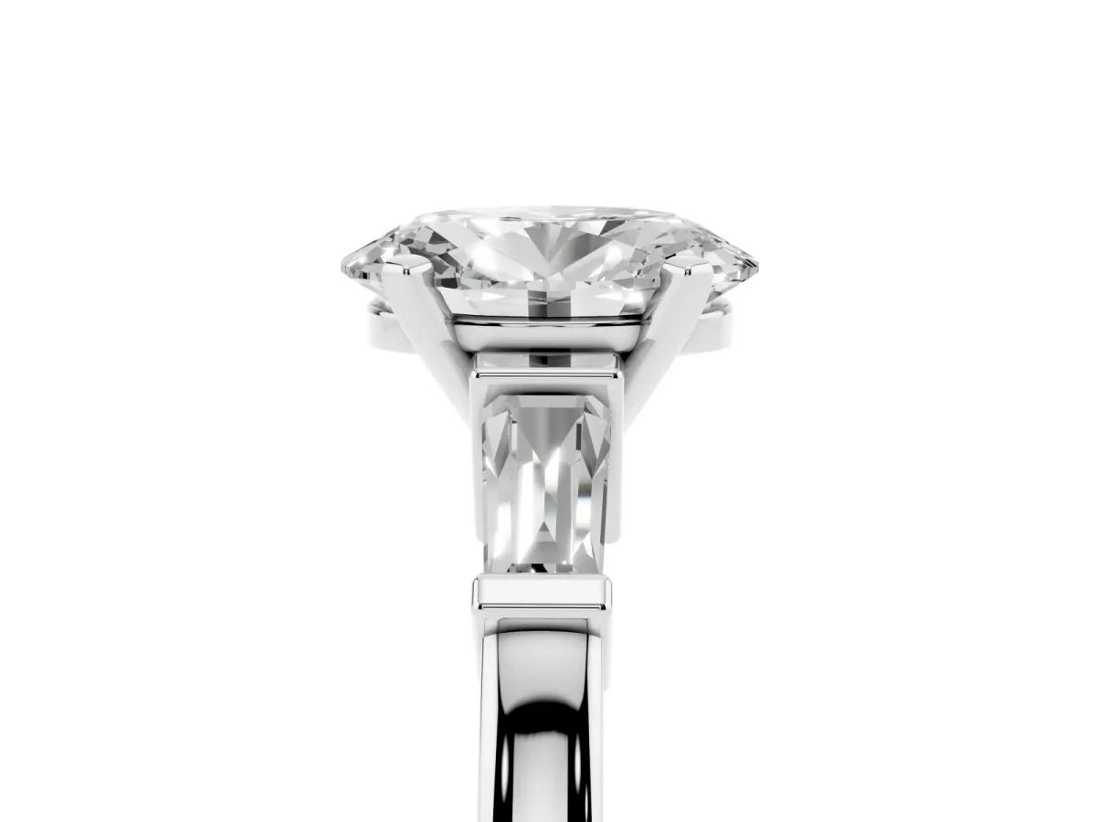 Oval Cut Cut Diamond Solitaire Ring with Tapered Baguette Accents and Four-Prong Setting Platinum