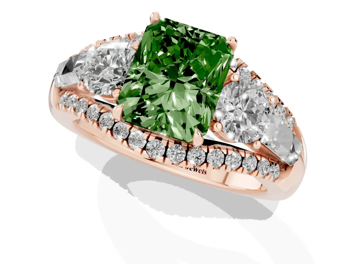 Fancy Green Three-Stone Radiant Cut Diamond Engagement Ring with Pave Band and Prong Setting Rose gold