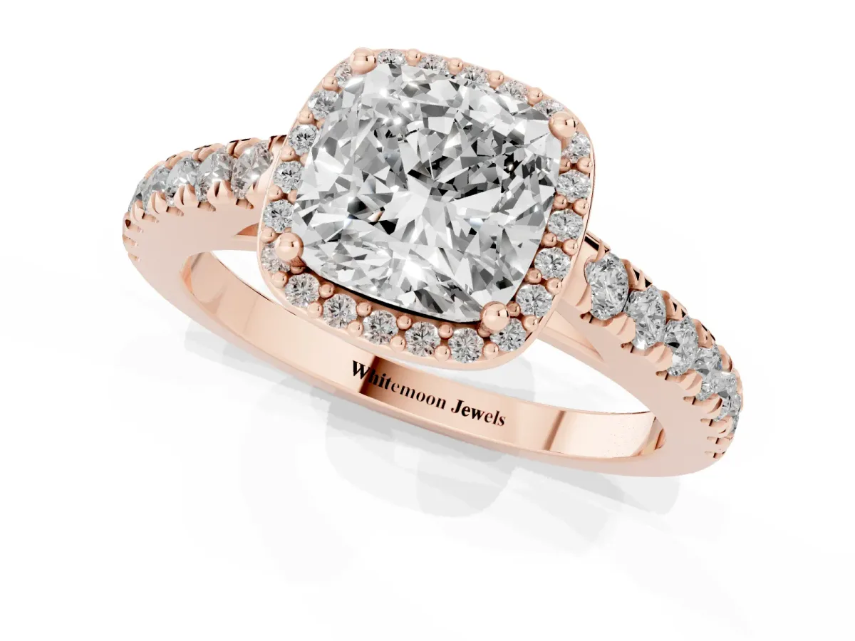 Cushion Cut Cut Halo Diamond Engagement Ring with Pave Band and Four-Prong Setting Rose gold