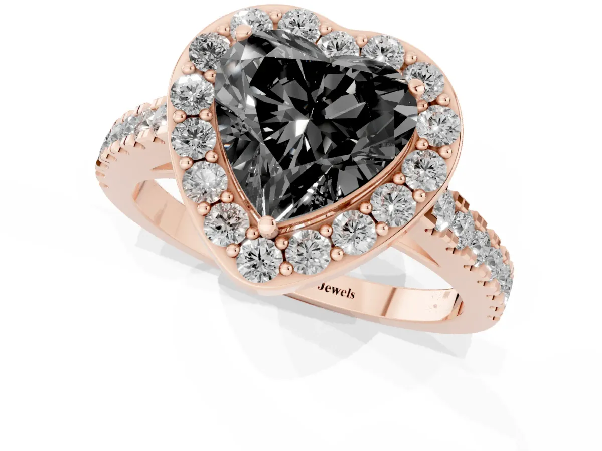 Fancy Black Heart Cut Diamond Halo Ring with Round Pavé Split Shank and Prong Setting Rose gold