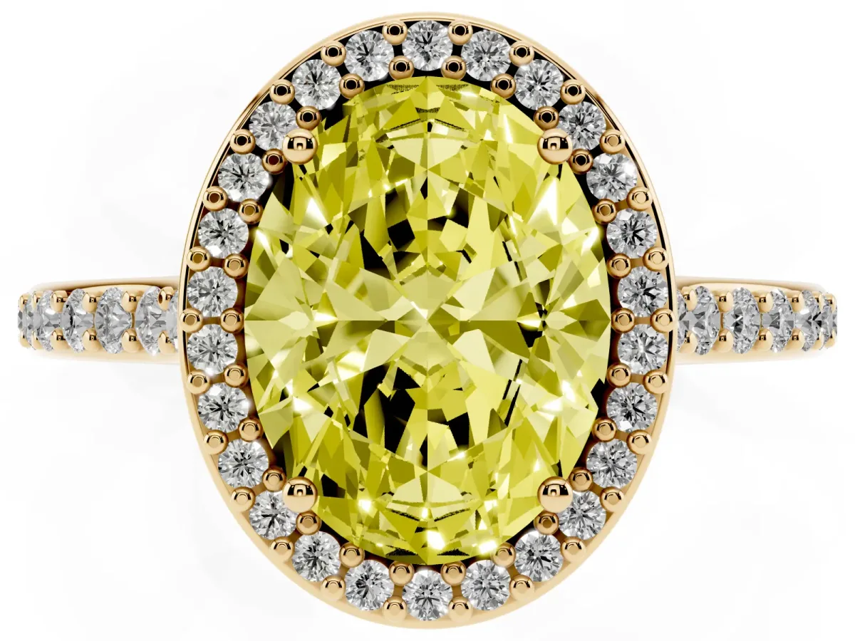 Fancy Yellow Oval Cut Diamond Halo Engagement Ring with Round Pavé Shoulders and Prong Setting Yellow gold