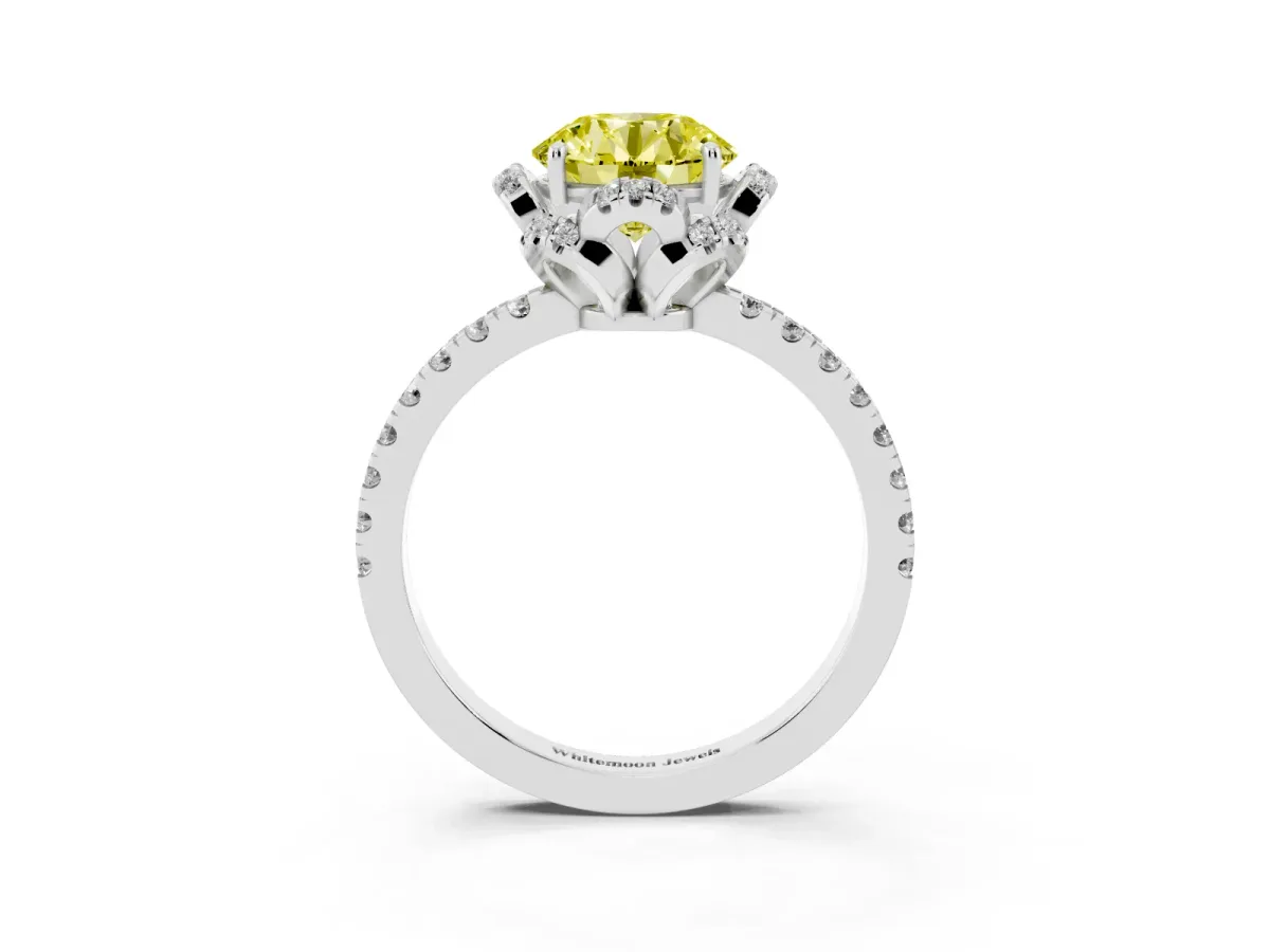 Fancy Yellow Round Cut Halo Diamond Pave Band Ring with Four-Prong Setting Silver