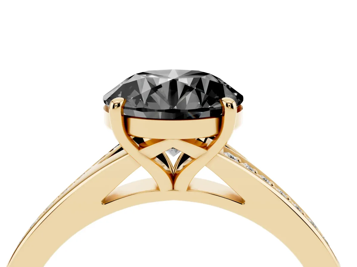 Fancy Black Round Cut Diamond Solitaire Ring with Pavé Band and Prong Setting Yellow gold