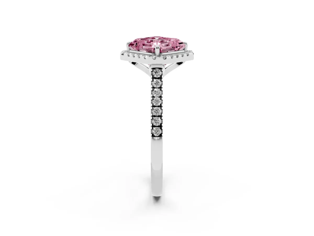 Fancy Pink Asscher Cut Diamond Cushion Halo Ring with Pavé Band Platinum