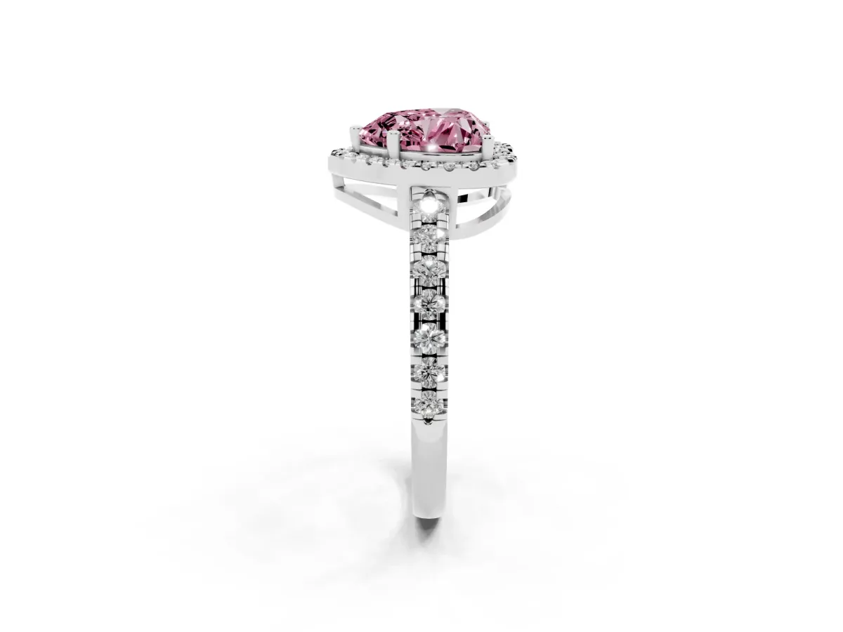 Fancy Pink Heart Cut Diamond Halo Ring with Pavé Band and Four-Prong Setting White gold