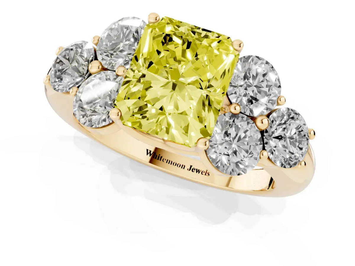 Fancy Yellow Radiant Cut Cut Diamond Cluster Ring with Round Accent Stones and Prong Setting on a Classic Band Yellow gold