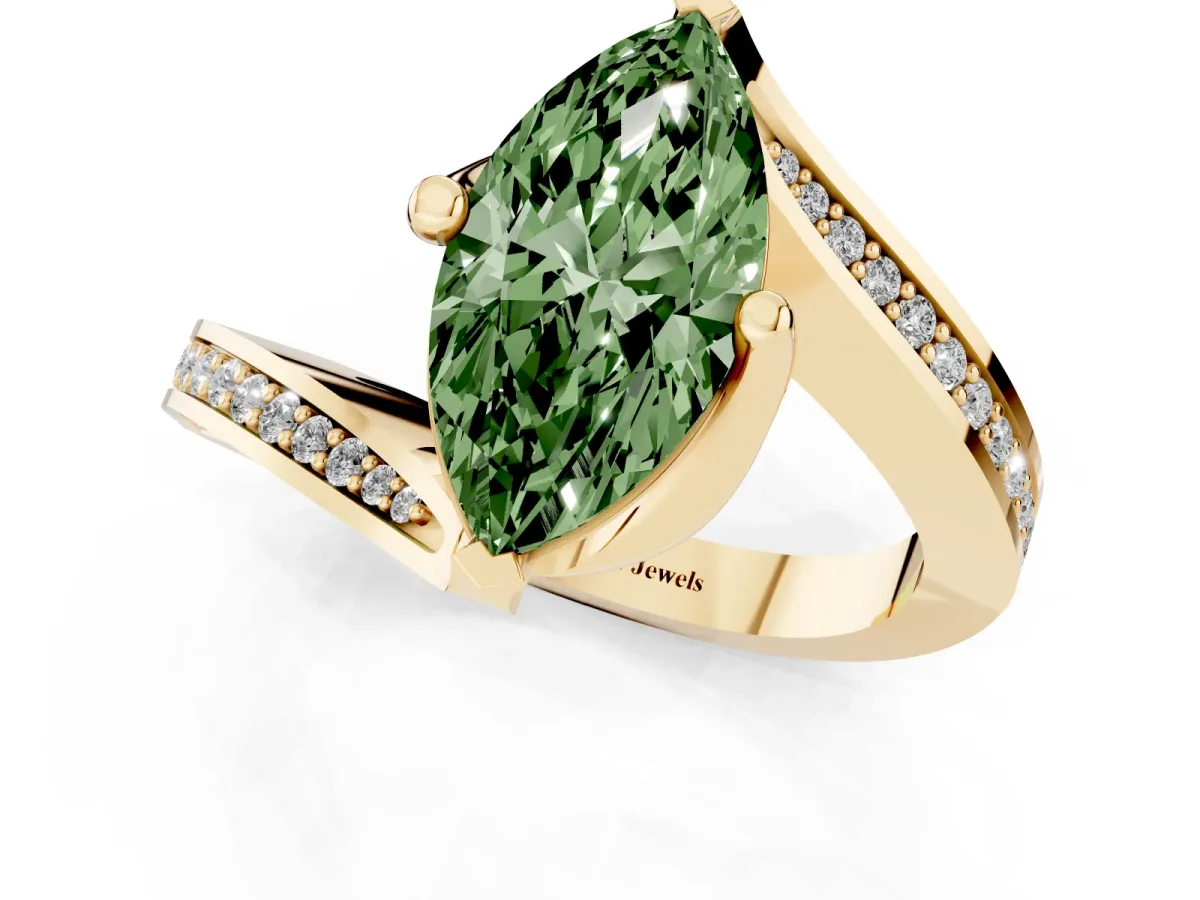 Fancy Green Marquise Cut Solitaire Diamond Twist Band with Pavé Setting and Four-Prong Setting Yellow gold