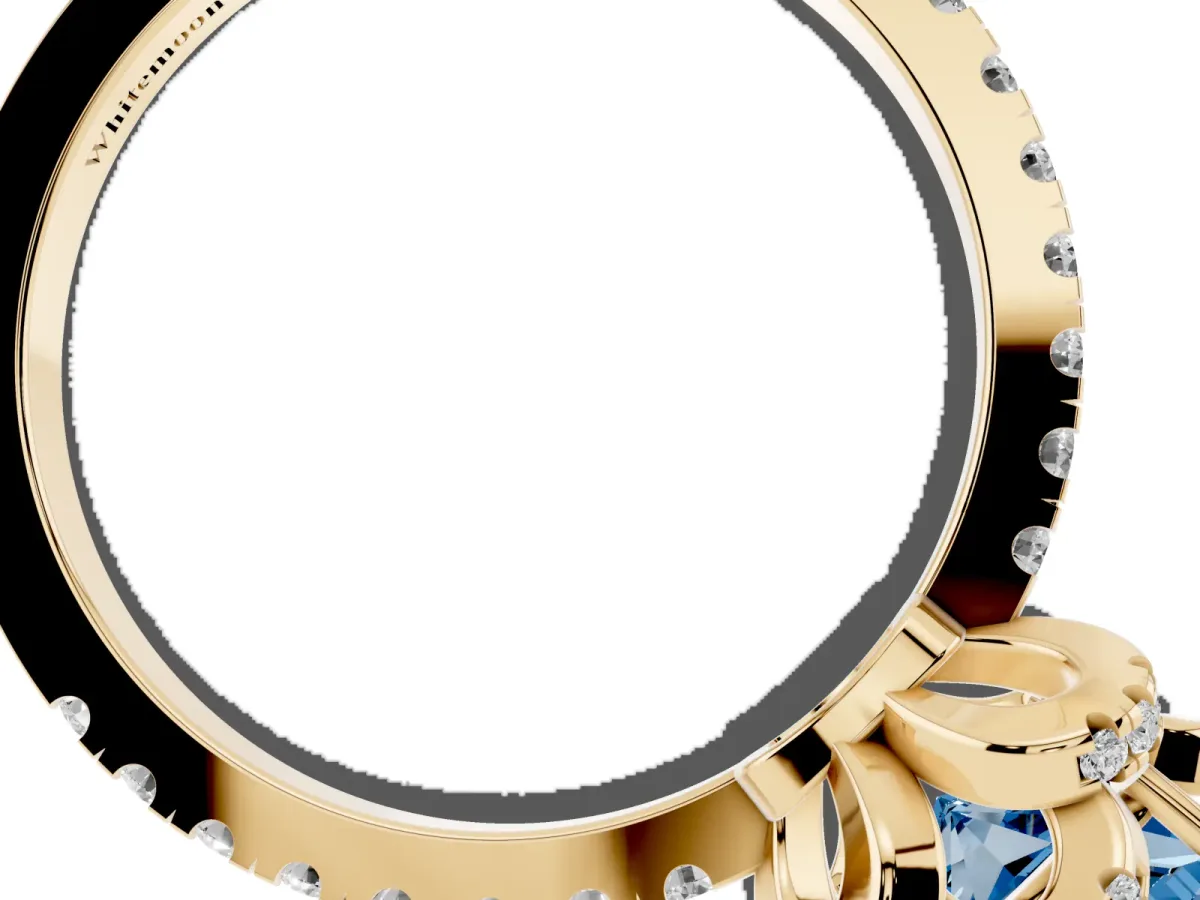 Fancy Blue Cushion Cut Diamond Halo Pave Band with Four-Prong Setting Yellow gold