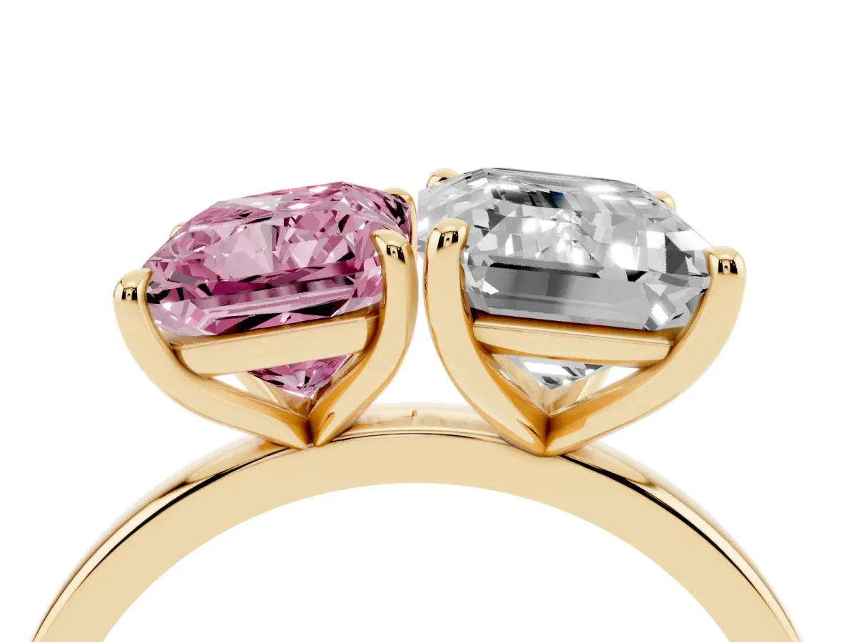 Fancy Pink Radiant Cut and Emerald Cut Toi Moi Ring with Prong Setting Yellow gold