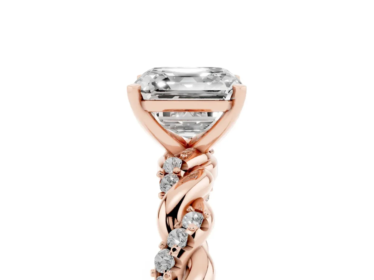 Asscher Cut Diamond Solitaire Ring with Twisted Band and Pavé Accents Rose gold