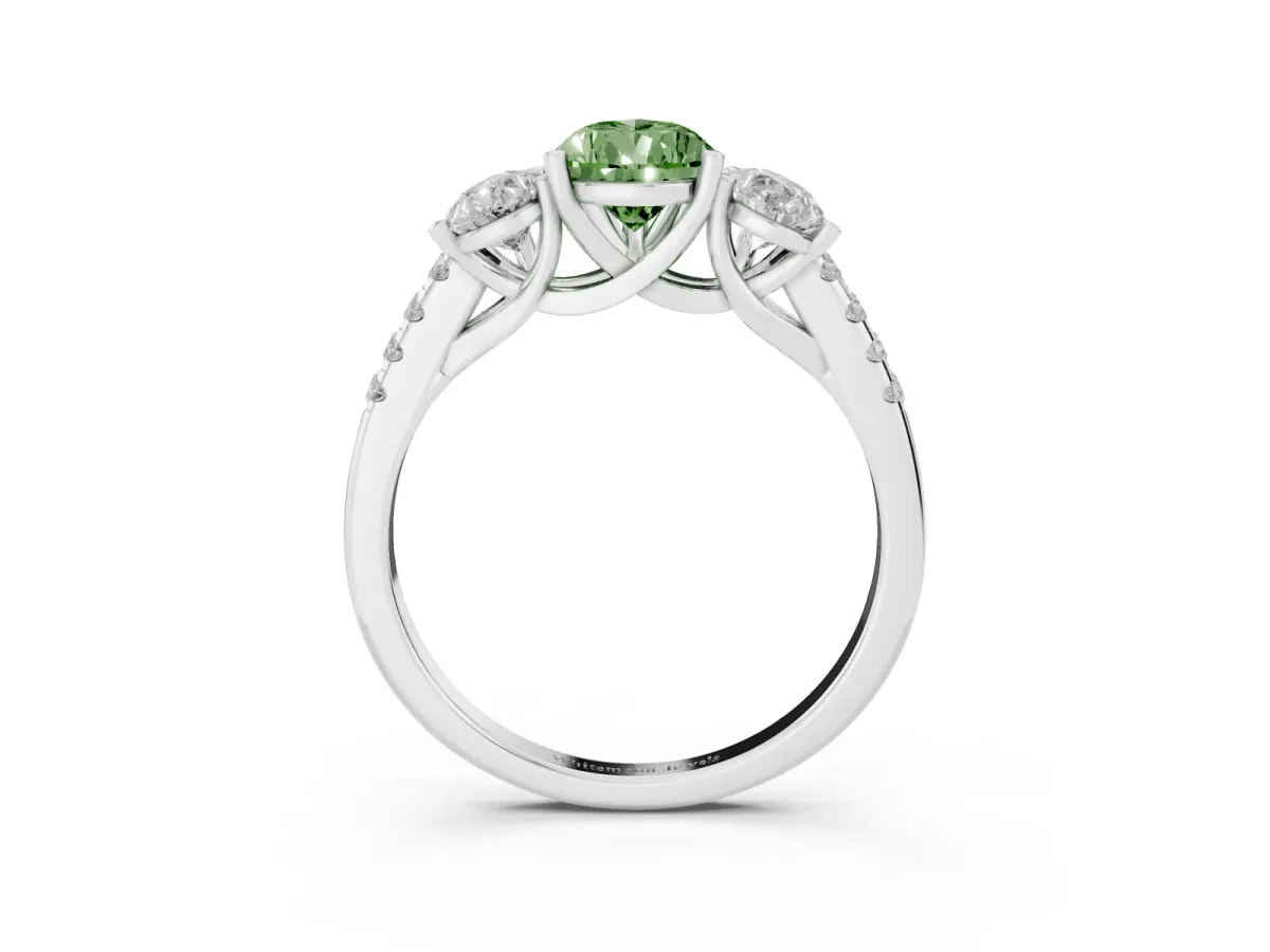 Fancy Green Three-Stone Pear Cut Diamond Ring with Round Pavé Band and Prong Setting Silver