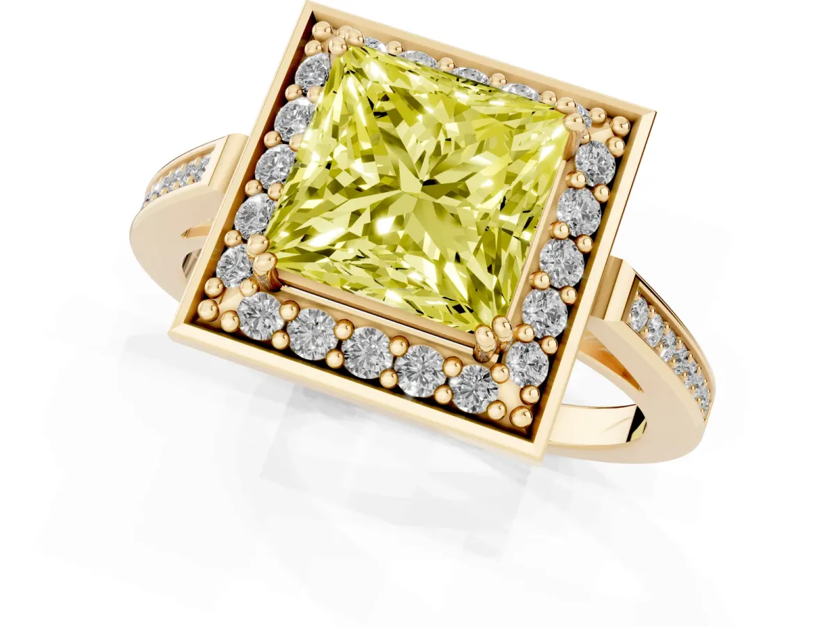 Fancy Yellow Princess Cut Diamond Halo Ring with Split Shank and Four-Prong Setting Yellow gold