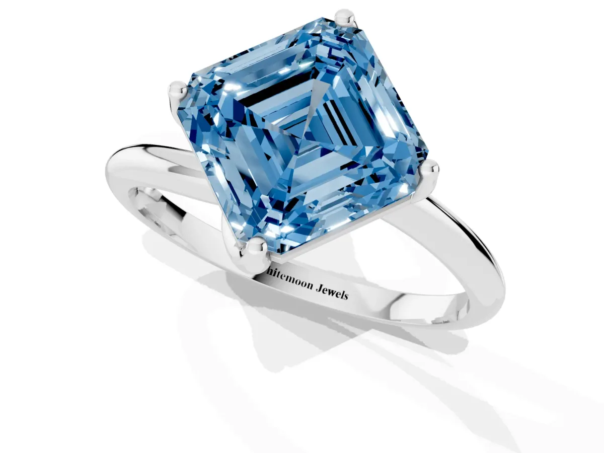 Fancy Blue Asscher Cut Diamond Solitaire Engagement Ring with Four-Prong Setting and Classic Band White gold