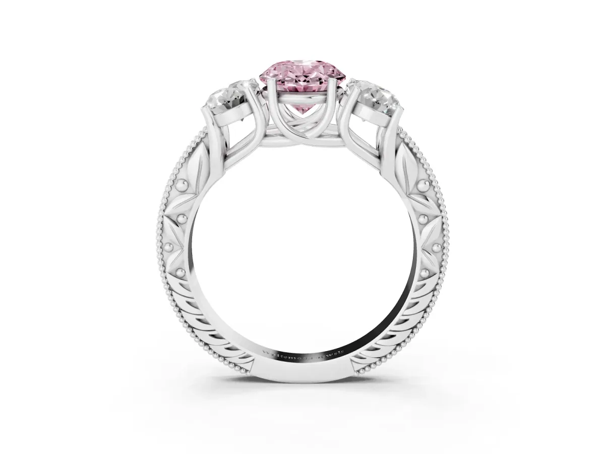Fancy Pink Three-Stone Oval Cut Cut Milgrain Pavé Engagement Ring Silver