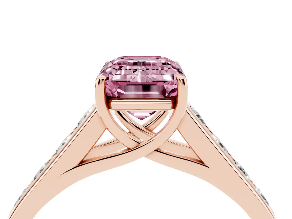 Fancy Pink Emerald Cut Brilliant Channel-Set Solitaire Ring with Four-Prong Setting Rose gold