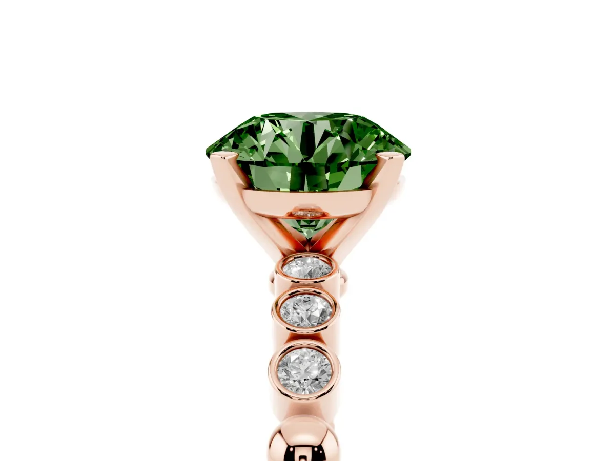 Fancy Green Round Cut Solitaire Bezel Accent Diamond Engagement Ring with Beaded Band and Four-Prong Setting Rose gold
