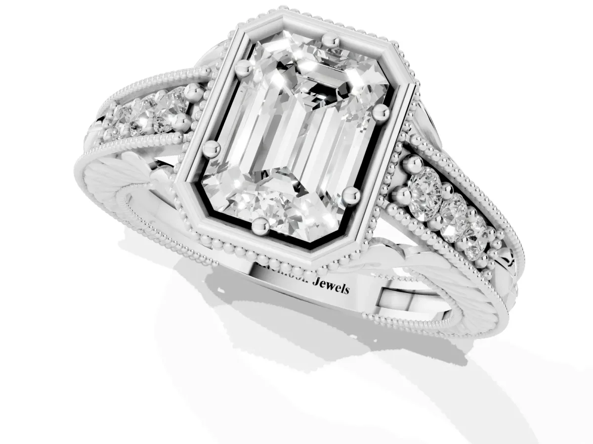 Bezel Set Emerald Cut Diamond Milgrain Pave Engagement Ring Silver