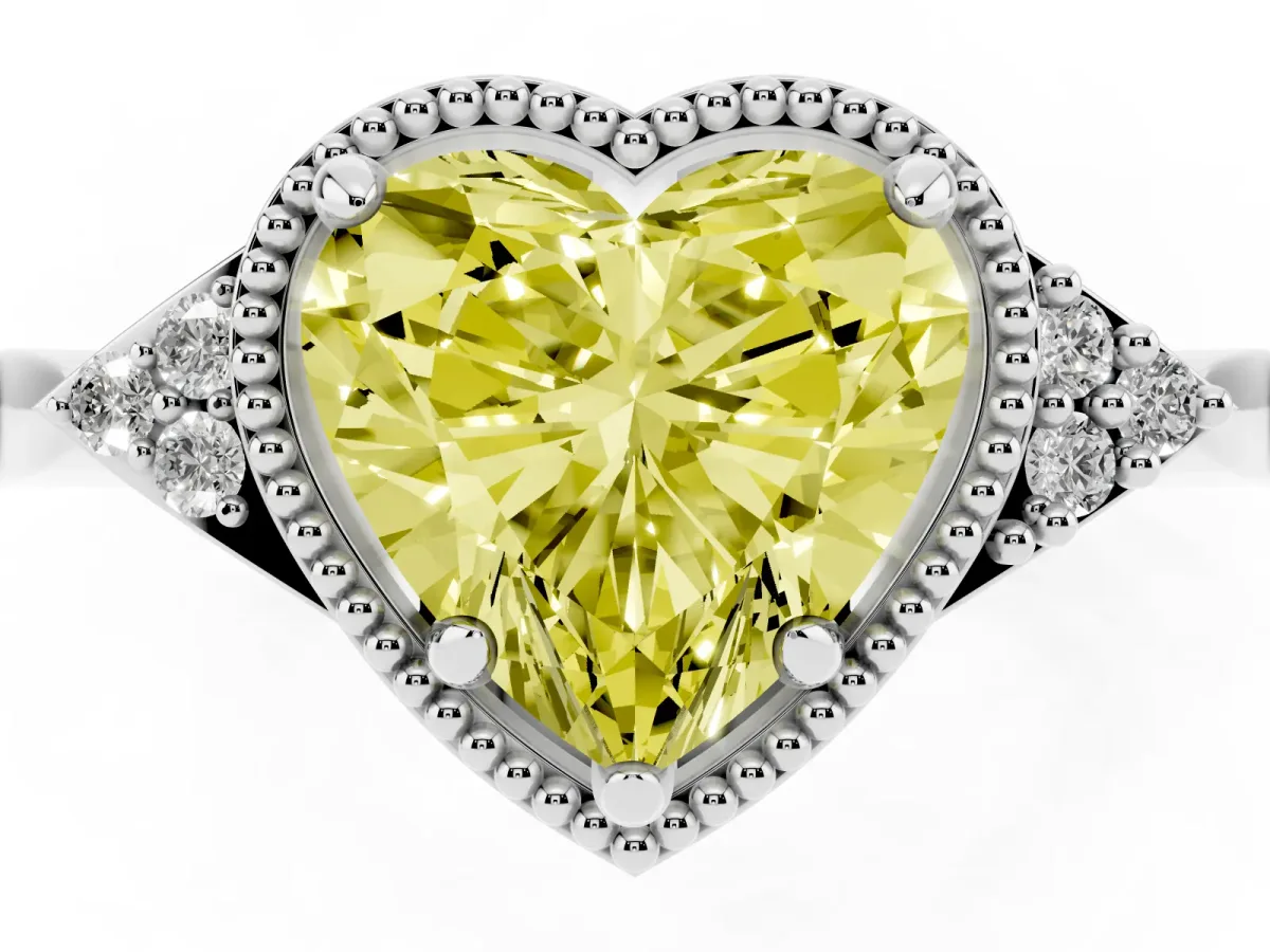 Fancy Yellow Hexagonal Halo Heart Cut Diamond Solitaire with Pavé Band and Four-Prong Setting Silver