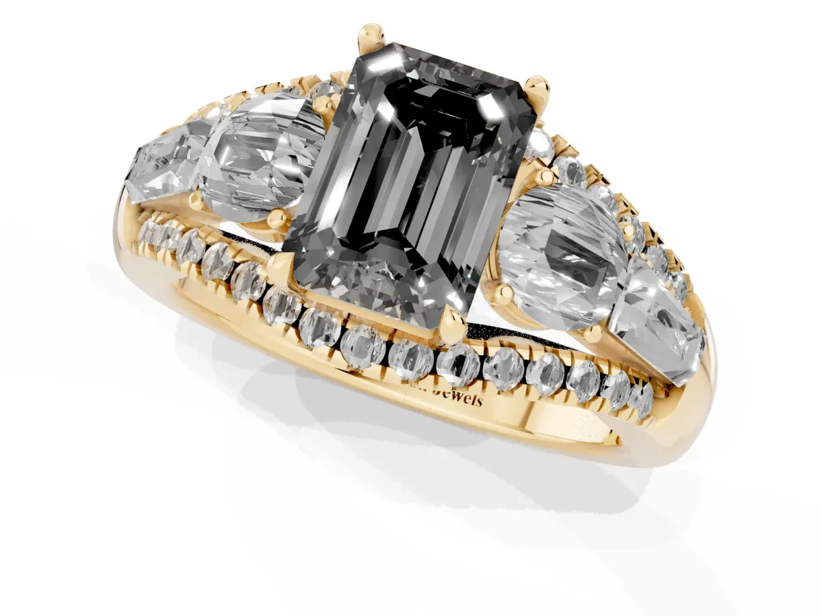 Fancy Black Three-Stone Emerald Cut Diamond Engagement Ring with Pave Band and Prong Setting Yellow gold