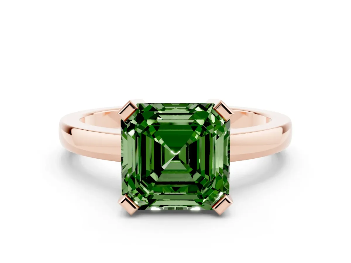 Fancy Green Asscher Cut Cut Solitaire Ring with Four-Prong Setting and Classic Band Rose gold