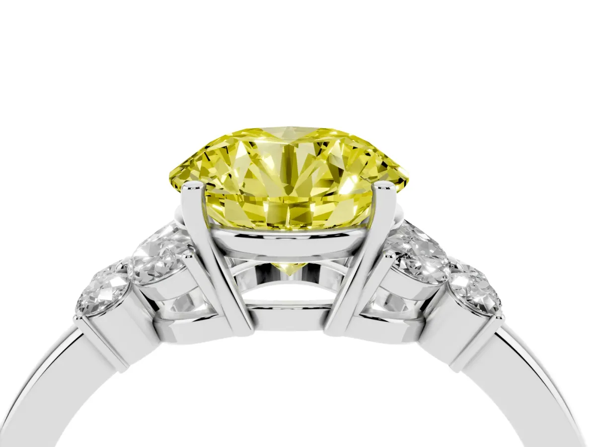 Fancy Yellow Round Cut Cut Solitaire Floral Diamond Ring with Four-Prong Setting Silver