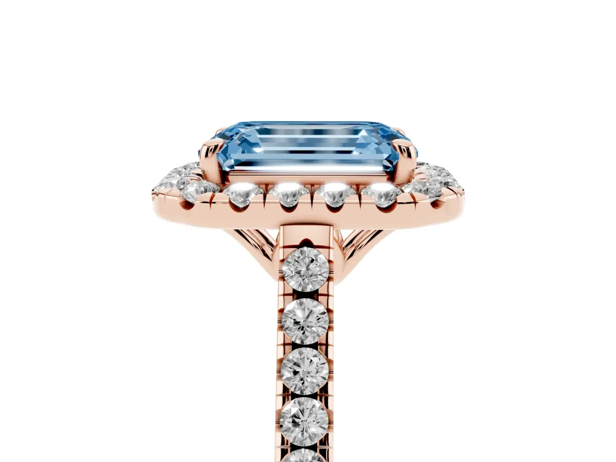 Fancy Blue Emerald Cut Halo Pavé Diamond Engagement Ring with Four-Prong Setting Rose gold