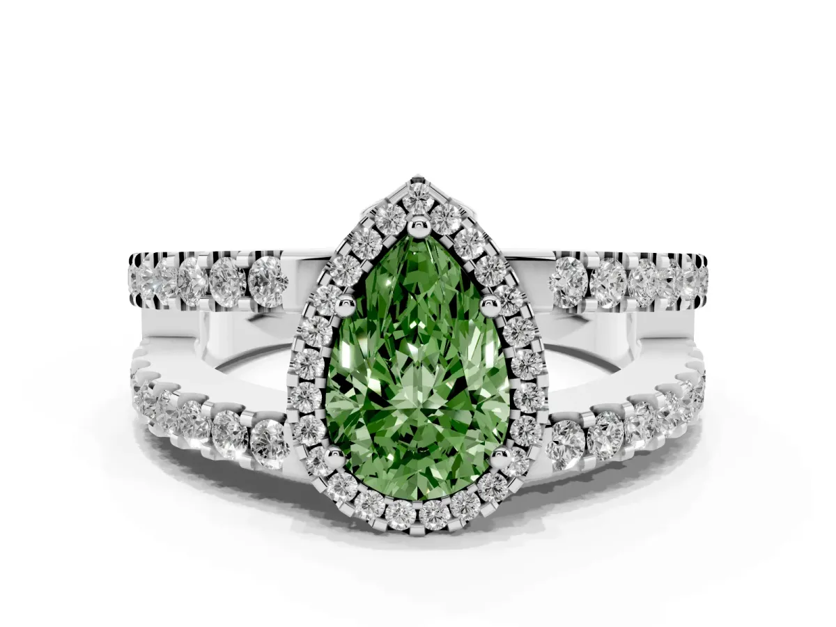 Fancy Green Pear Cut Cut Halo Split Shank Diamond Ring with Four-Prong Setting White gold