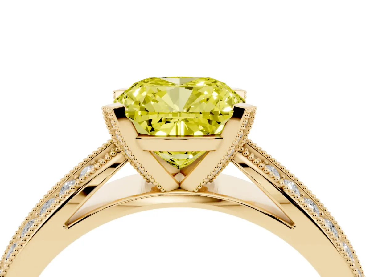Fancy Yellow Cushion Cut Diamond Solitaire Ring with Milgrain Round Pavé Band and Prong Setting Yellow gold