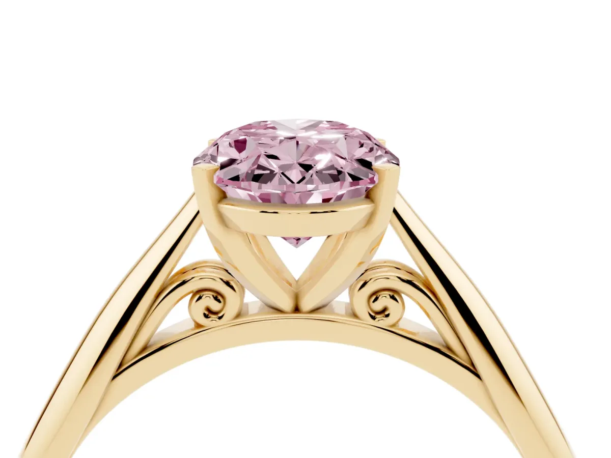 Fancy Pink Oval Cut Diamond Solitaire Engagement Ring with Cathedral Setting and Four-Prong Mount Yellow gold