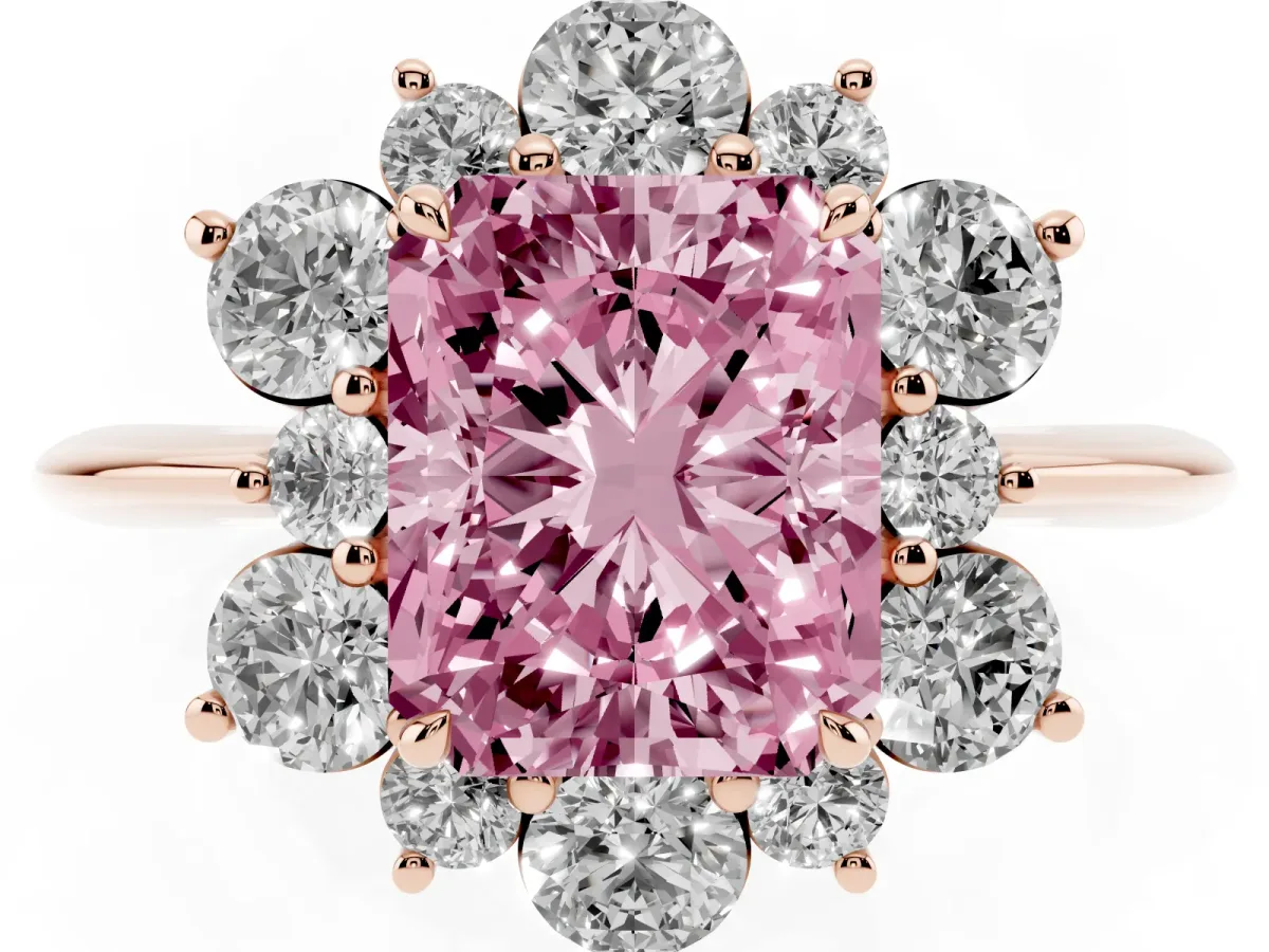 Fancy Pink Radiant Cut Diamond Cluster Halo Ring with Solitaire Band and Four-Prong Setting Rose gold