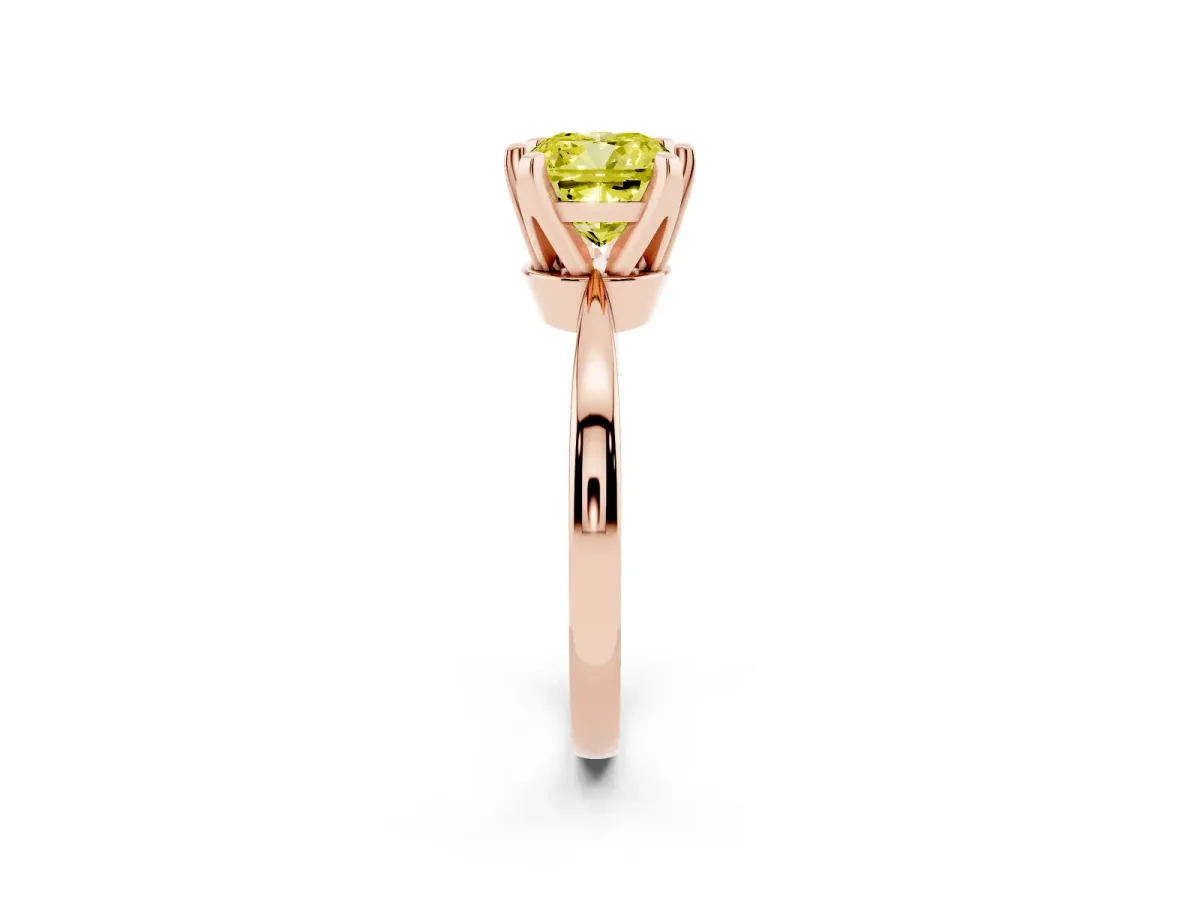 Fancy Yellow Cushion Cut Solitaire Engagement Ring with Six-Prong Setting and Tapered Band Rose gold