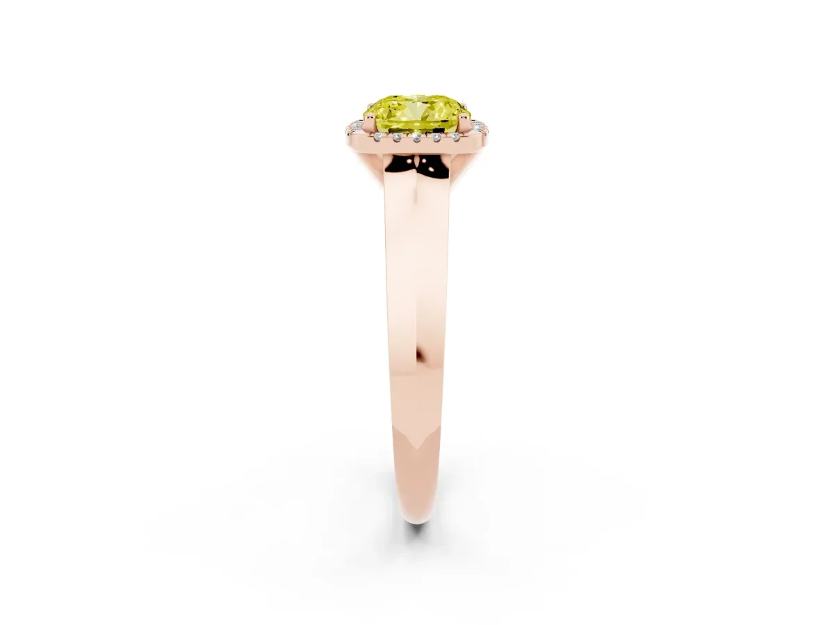 Fancy Yellow Cushion Cut Halo Diamond Ring with Cathedral Band and Four-Prong Setting Rose gold