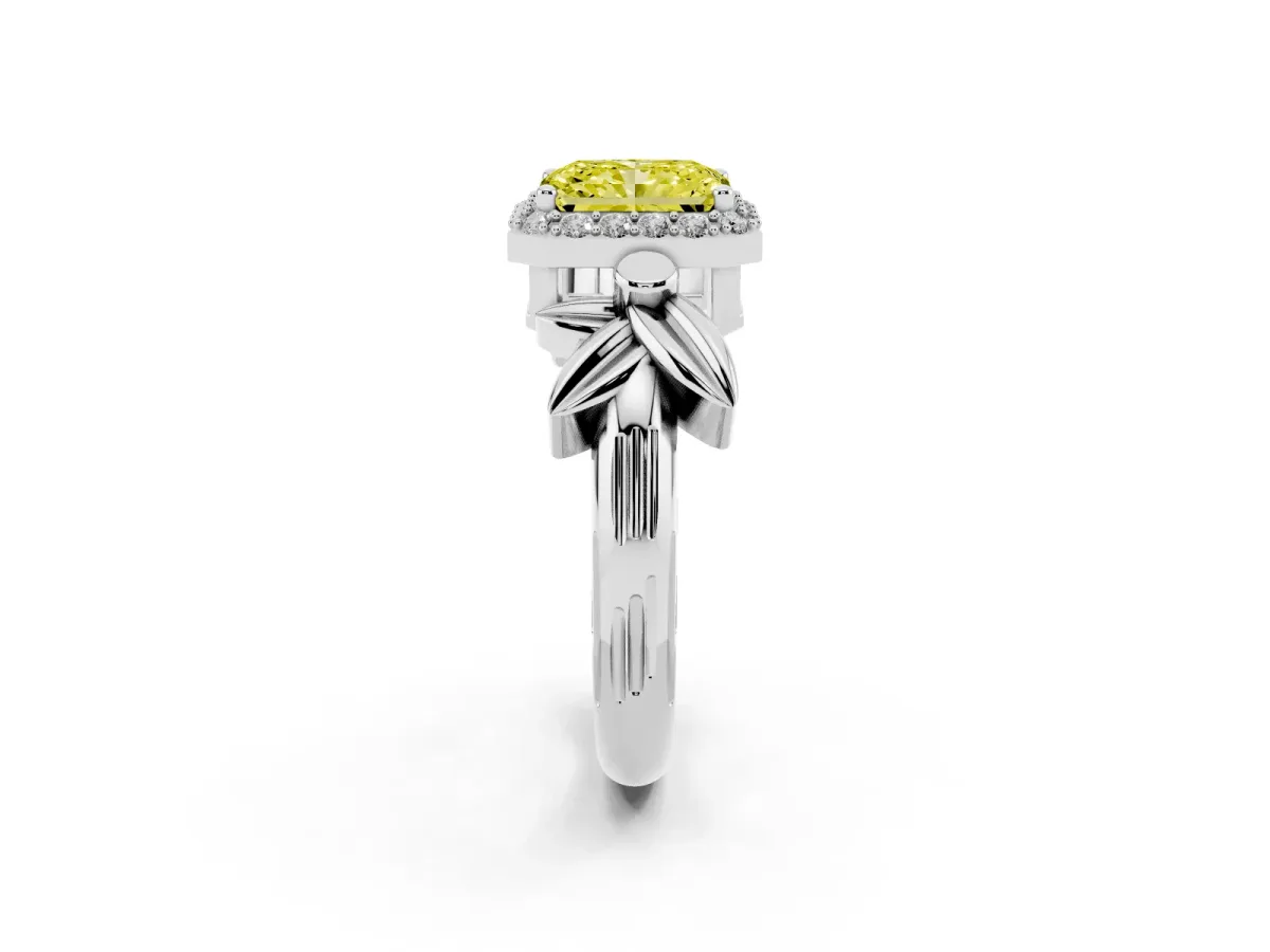 Fancy Yellow Radiant Cut Halo Diamond Floral Band with Four-Prong Setting Platinum