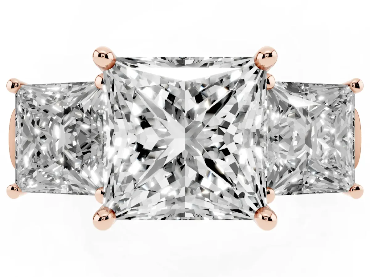 Three-Stone Princess Cut Brilliant Diamond Trellis Ring with Comfort Fit Band Rose gold