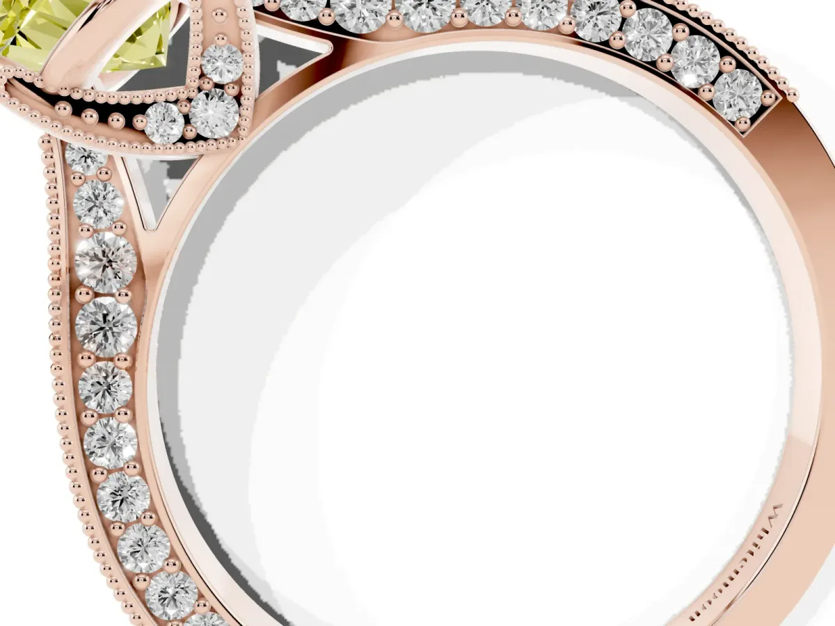 Fancy Yellow Oval Cut Cut Diamond Solitaire Ring with Milgrain Pave Band and Four Prong Setting Rose gold