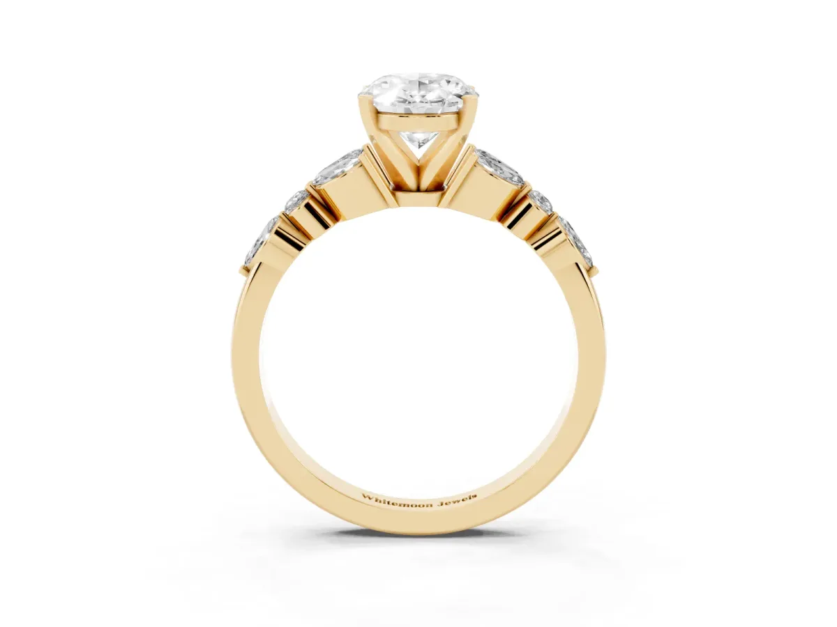 Oval Cut Diamond Solitaire Ring with Side Stones and Four-Prong Setting Yellow gold